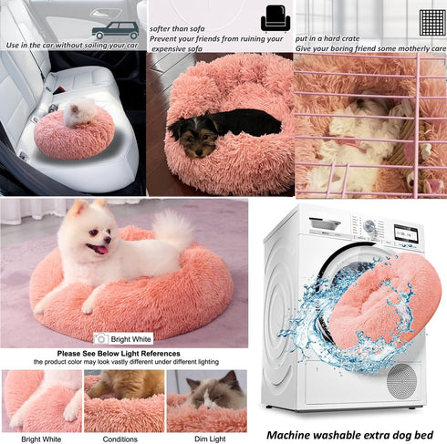 Pink Puppy Bed, 15 Inch Washable Donut Soft Small Pet Bed, Anti-Anxiety Round for Pets up to 5 lbs
