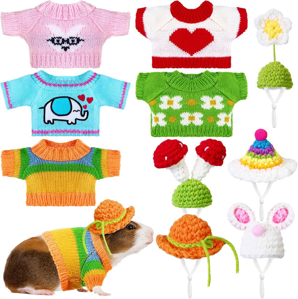 10 Pcs Guinea Pig Stuff Includes 5 Mini Hats & 5 Clothes for Small Animals, Cozy Hand Knitted Set