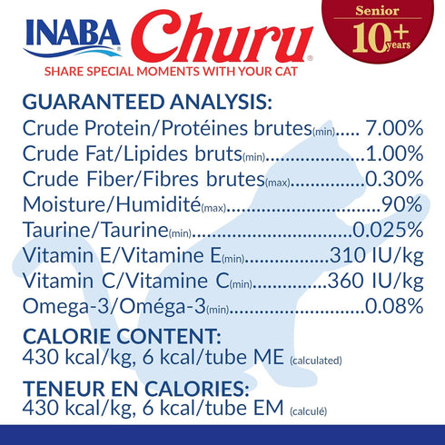 INABA Churu for Senior 10+: Creamy Lickable Cat Treats with Taurine, Vitamin E & C, 0.5 oz Each, 24 Tubes