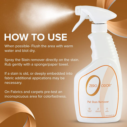 Zero Odor Pet Stain Remover & Odor Eliminator, 16oz - Best for Carpet, Furniture, Floors, Pet Bed - Over 400 Sprays