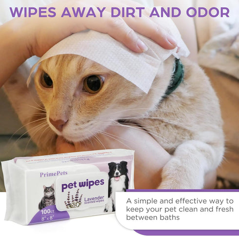 PrimePets Dog Wipes for Paws and Butt - 100 Count, 8" x 8" Lavender Scented Extra Thick Wipes for Sensitive Skin
