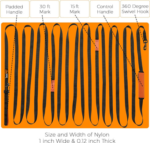 50ft Long Leash for Dogs, Heavy Duty Nylon for Training Recall/Commands at Distance, Ideal for Large & Small Breeds
