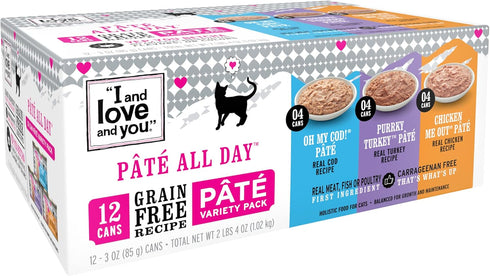 I and love and you Wet Cat Food - Pâté All Day Variety Pack, Cod, Turkey, Chicken, 5.5oz (Pack of 12)