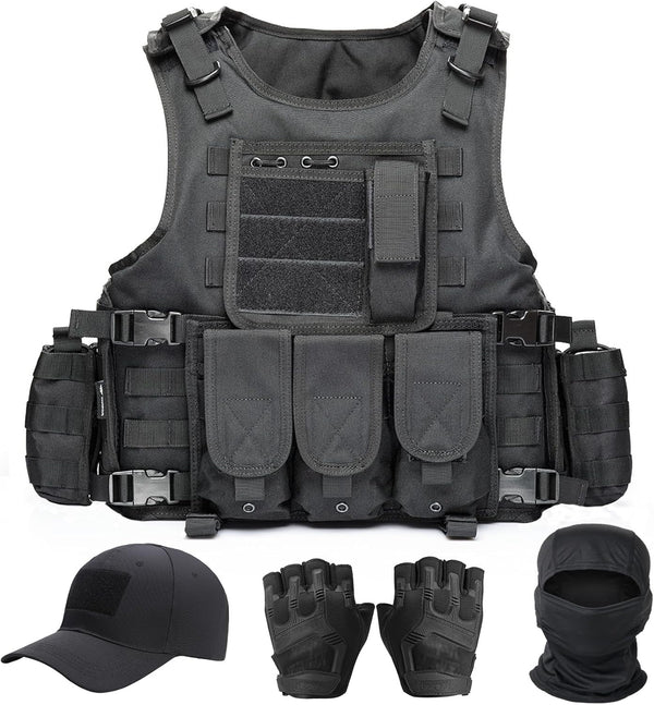 Tactical Vest for Men, Black Molle Airsoft Vest and Cap, Protective Equipment, Tactical Gear