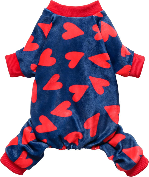 Fitwarm Valentines Day Sweet Hearts Dog Pajamas, Lightweight Velvet Pet Jumpsuit for Small Dogs, Dark Blue, Red, Medium