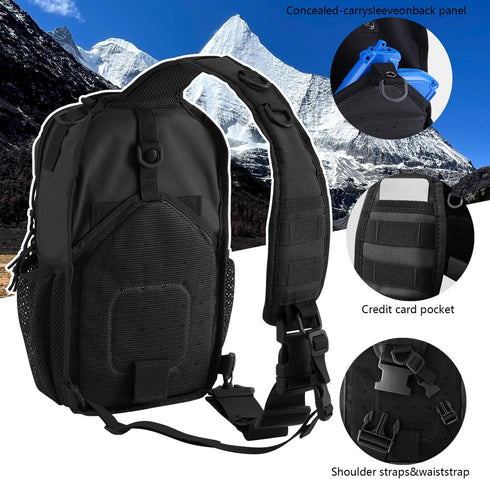 Pack Backpack Rover Sling Tactical Shoulder Sling Bag with Bottle Holder Crossbody Chest Bag, Black with Grey Patch