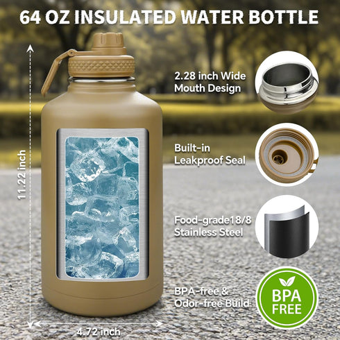 64 oz DEFUNX Half Gallon Water Bottle Insulated with Sleeve - Tactical Stainless Steel Water Jug with MOLLE Water