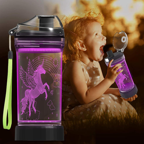 Kids Water Bottle with 3D Glowing Unicorn Illusion LED Light - 14 oz - Creative Gift for Girls