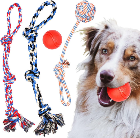 Pacific Pups Large Dog Toys 4 Piece Dog Toy Set for Aggressive Chewers, Dog Tug of War Toys for Large Dogs