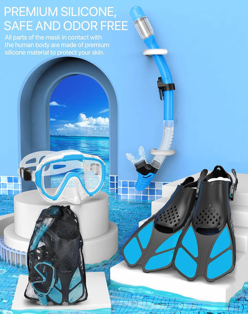 Snorkeling Gear Set for Adults, 4 in 2 with Panoramic Diving Mask, Anti-Fog Snorkel, Fins, and Travel Bag