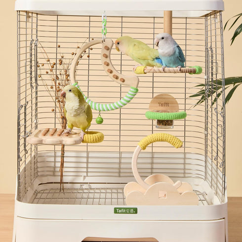 Natural Bird Swing - Moon-Shaped Parrot Perch with Bell and Cork Toys, Spinning Wooden Stand for Parakeets, Budgies