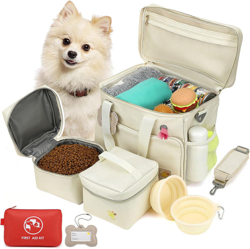 Pet Travel Bag, Large Beige Dog Carrier with Multiple Compartments and Adjustable