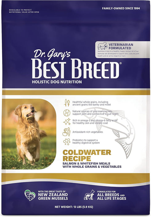 Best Breed Dr. Gary's Coldwater Recipe Natural Dry Dog Food, 13 lbs, Slow-Cooked in USA for All Breeds
