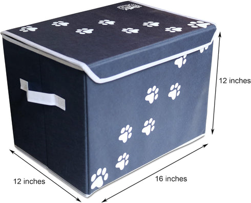 Large Dog Toys Storage Box - 16" x 12" Pet Toy Storage Basket with Lid, Collapsible Canvas Bin (Blue)
