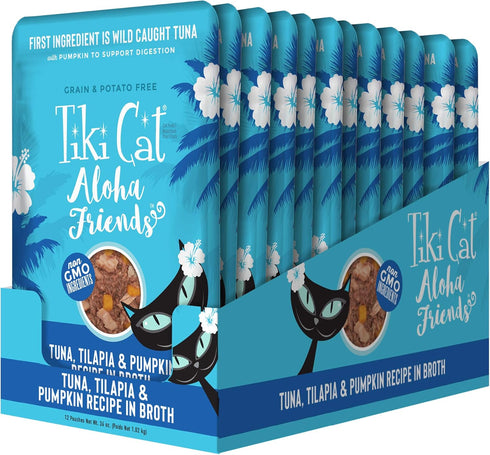 Tiki Cat Aloha Friends, Tuna, Tilapia & Pumpkin, Grain-Free Wet Cat Food, 3 oz. Pouch (Pack of 12)
