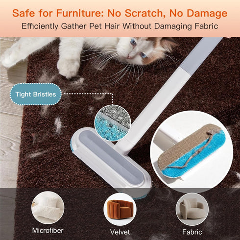 Cat Hair Remover - 4 in 1 Long Handle Fur Cleaner for Furniture, Couch, Carpet, Clothes & Bedding - Reusable Lint Tool