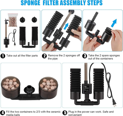 2 1 AQQA Aquarium Sponge Filter, Power Driven Double Biochemical Water Filter, Quiet Submersible Foam Filter with Extra