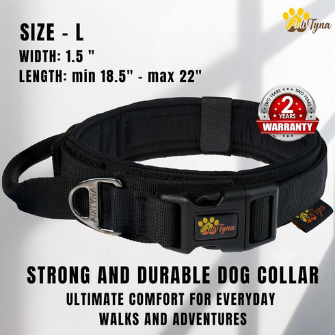 ADITYNA Tactical Dog Collar for Large Dogs - Soft Padded, Heavy Duty, Adjustable Black Collar