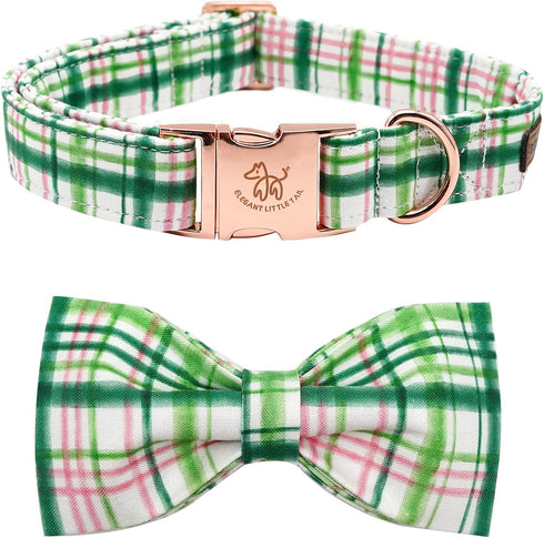 Elegant Little Tail Dog Collar with Bow - Pink with Green Plaid, Adjustable Cute Bowtie Pet Collar for X-Small Puppy