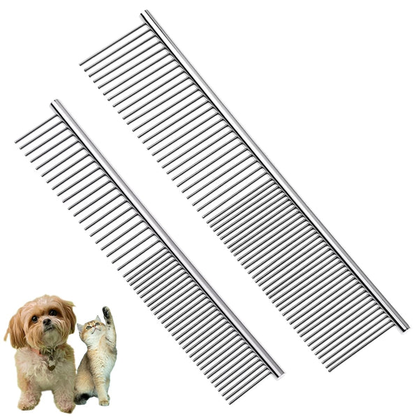 2PCS Dog and Cat Brush, Stainless Steel Grooming Comb Kit, Deshedding Brush for Long Haired Dogs & Cats