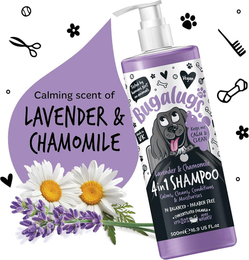 Dog Shampoo by Bugalugs lavender & chamomile 4 in 1 dog grooming shampoo products for smelly dogs with fragrance, best puppy shampoo, Vegan pet shampoo & conditioner
