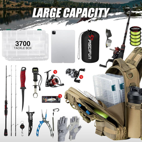Piscifun Fishing Tackle Backpack with Rod & Gear Holder, Lightweight Water-Resistant Fishing Storage Bag