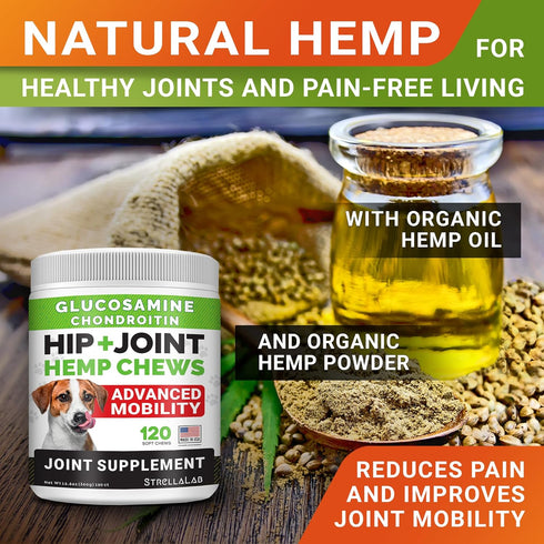 120 Advanced Hemp + Glucosamine Dog Joint Supplement - Hip Joint Pain Relief - Mobility Chews for Dogs - Chondroitin