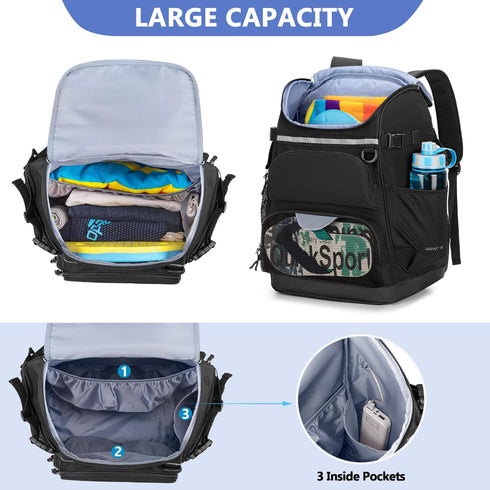 Swim Backpack with Separate Shoe Space, Swim Gear Bag for Swimming Pool and Beach, Black Sports Backpack