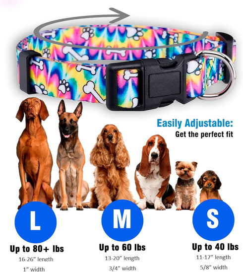 Native Pup Tie Dye Dog Collar, Paws and Bones Hippie Tiedye for Large Dogs