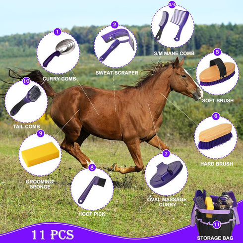 11 Horse Grooming Kit - Piece Bathing Supplies with Organize Bag, Full Body Kit Including Sweat Scraper, Bath Sponge
