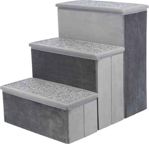 TRIXIE Velour 3-Step Pet Stairs with Storage, Collapsible, Gray, Storage Compartments for Pet Toys