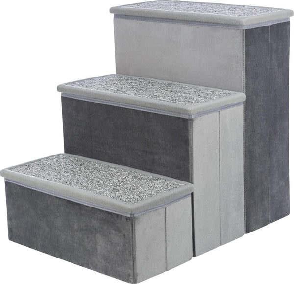 TRIXIE Velour 3-Step Pet Stairs with Storage, Collapsible, Gray, Storage Compartments for Pet Toys