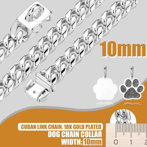 Dog Chain Collars - Stainless Steel 10mm Cuban Link Collar, Metal Dog Chain with Snap Buckle for Puppy Small Medium