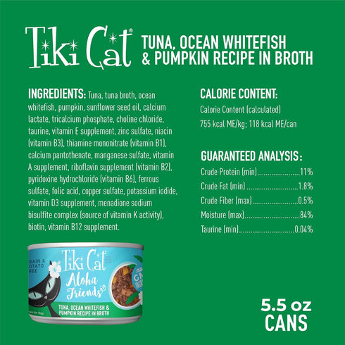 Tiki Cat Aloha Friends, Tuna, Ocean Whitefish & Pumpkin, Grain-Free Wet Cat Food, 5.5 oz Cans, Pack of 8