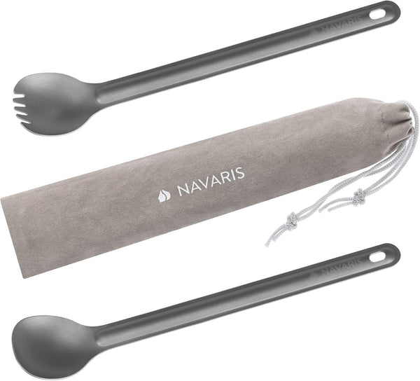 Navaris Long Handle Titanium Spork and Spoon - 8.4" Metal Cutlery Set for Backpacking and Camping, Strong Lightweight
