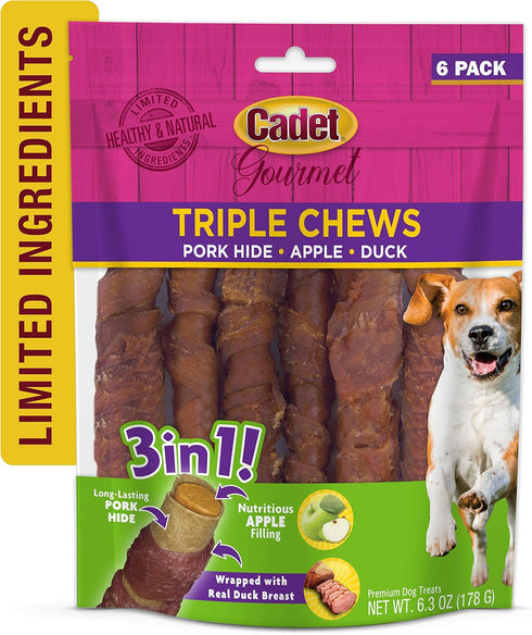 6 Count Cadet Gourmet Triple Chews Long-Lasting Pork Hide Sticks with Apple and Duck, Healthy Dog Treats for Small