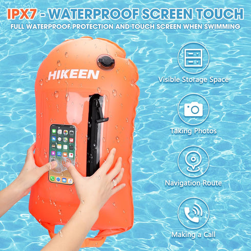 Hikeen Swim Buoy with Dry Bag 20L - Waterproof Touchscreen Swim Safety Float for Open Water Swimmers and Triathletes