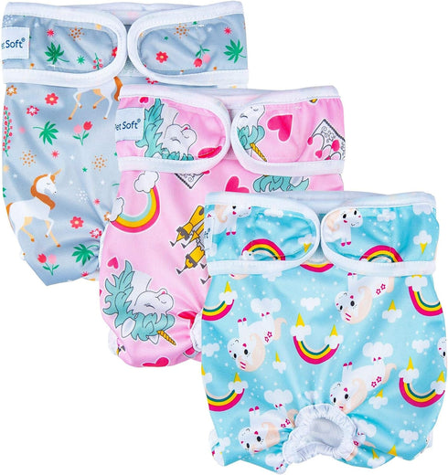 3 Pack Washable Pet Dog Diapers for Female Dogs in Heat - Reusable Period Panties, Puppy Diapers (Animals, XS)