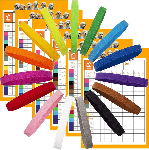 GAMUDA 15 Newborn Puppy Collars - Super Soft Nylon Whelping Collars with 6 Record Keeping Charts