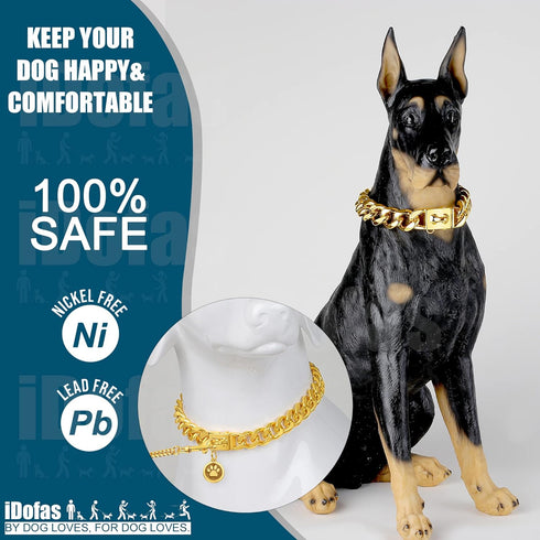 Gold Dog Chain Collar 19mm Cuban Link with Snap Buckle, 18K Gold Plated Metal for Puppy Small Medium Large Dogs (16")
