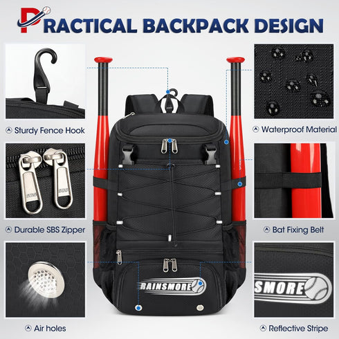 RAINSMORE Baseball Bag - Lightweight Waterproof Backpack for Youth & Adult with Shoe Compartment
