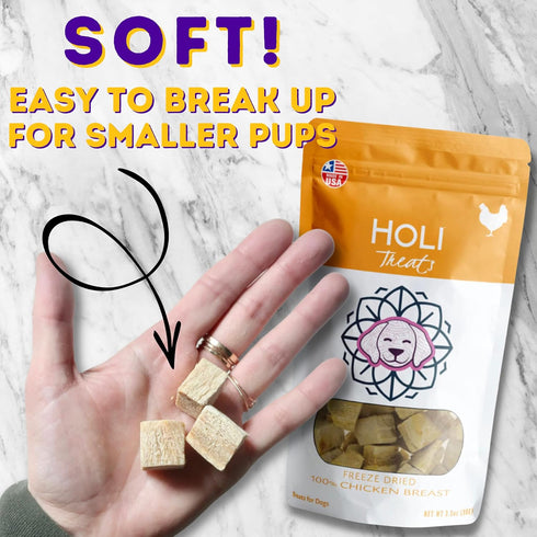 100% 3.5 oz HOLI Freeze Dried Chicken Breast Dog Treats. Single Ingredient Freeze Dried Chicken Treats for Dogs.