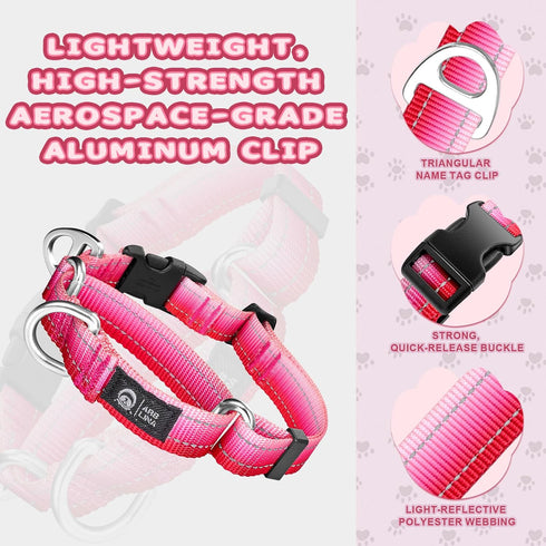 Martingale Dog Collar, Pink Light-Reflective Polyester for Whippets, Greyhounds, No-Pull No-Escape Adjustable Collars