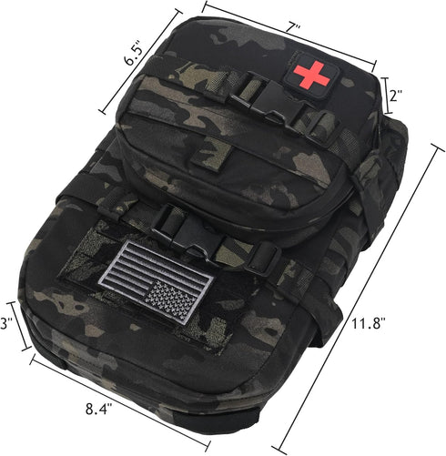 Tactical Mini Molle Hydration Pack, Outdoor Carrier with IFAK Pouch, US Flag, Med Patch, Hydropack for 2L Bladder