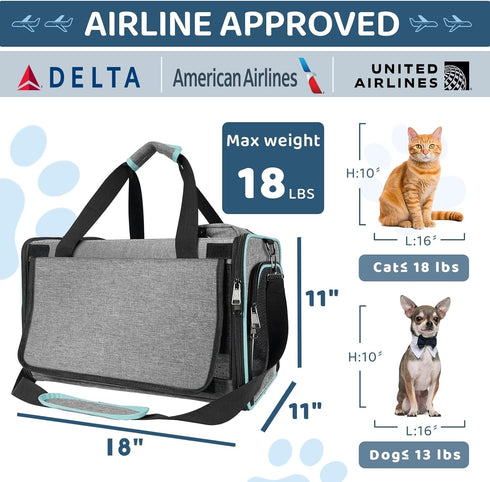 Cat Carrier, Airline Approved Soft-Sided Travel Bag for Medium Cats 15+ lbs & Small Dogs, Underseat Cabin L