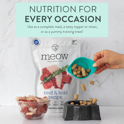 Freeze Dried Cat Food by Meow, Beef & Hoki Recipe, High Protein Treats, Meals & Toppers, 9.9 oz