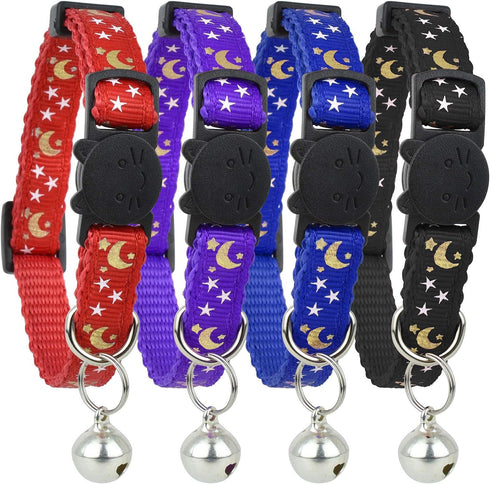 Cat Collar Stars and Moon, 4-Pack Reflective with Bell, Solid & Safe Nylon Breakaway Collars for Cats