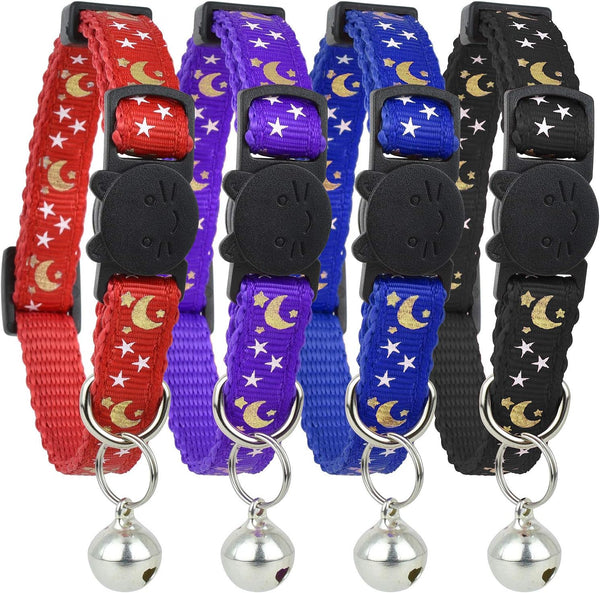 Cat Collar Stars and Moon, 4-Pack Reflective with Bell, Solid & Safe Nylon Breakaway Collars for Cats