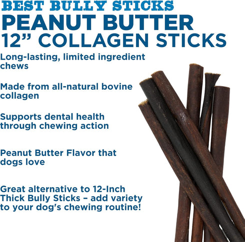 Best Bully Sticks All Natural Peanut Butter Flavor Beef Collagen Sticks - 12 Inch 6 Pack | Long Lasting Limited