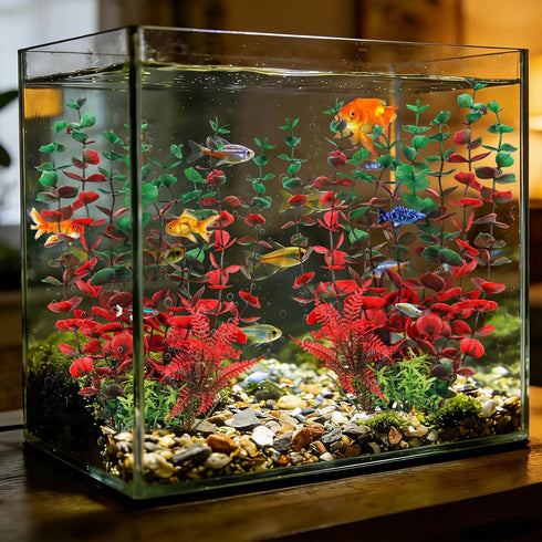 QUOZUO 3pcs Aquarium Large Plants Decoration, Aquarium Decorations Artificial Plastic Plants, Dark Red Fish Tank